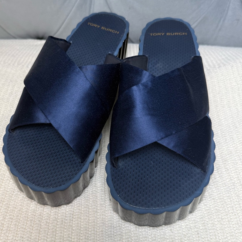 Tory Burch‎ Satin Scalloped Platform Wedge Slide Sandals Navy